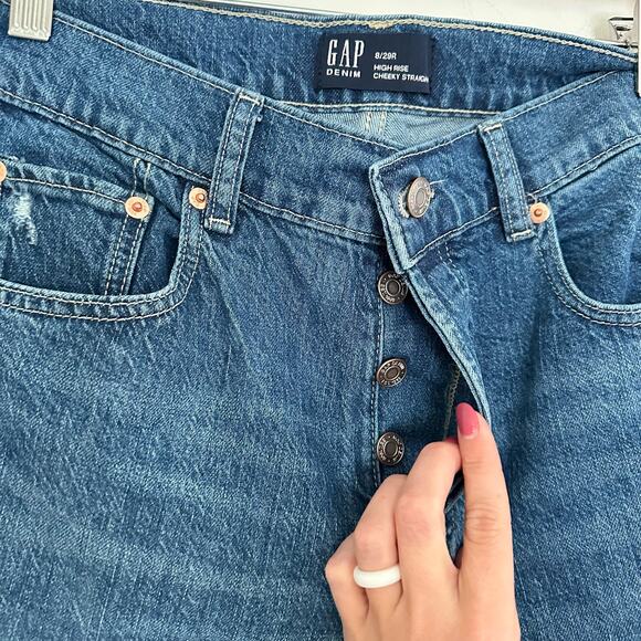 Gap Denim High Rise Cheeky Distressed Button Fly Cuffed Straight Jeans Blue 8 - Picture 7 of 9